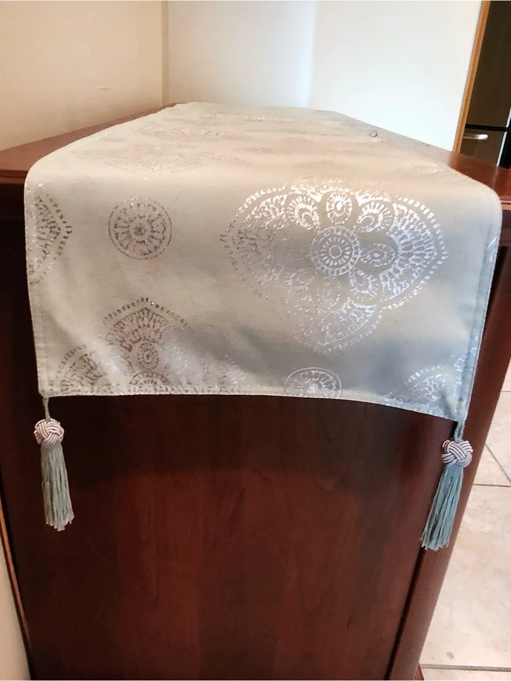 Elegant Soft Green 70” Table Runner with Silver Medallions & 5.5” Tassels